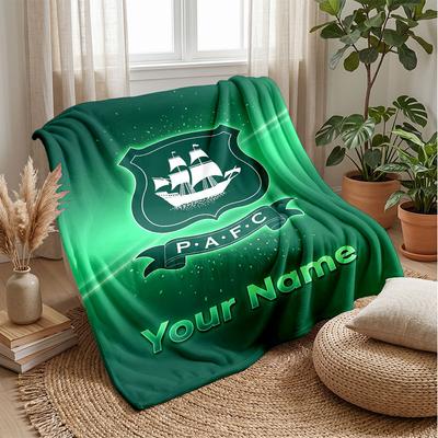 Plymouth Argyle FC Custom Name Text Flannel Blanket Soccer Logo Personalized Fleece Throw Blanket Special Gift For Sofa Bedroom Home