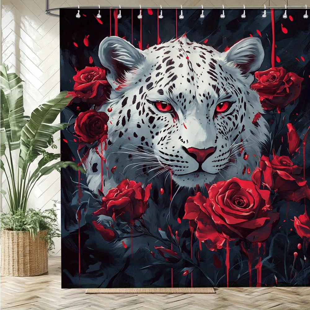 Intense Snow Leopard & Red Roses Waterproof Mildew-Resistant Shower Curtain - Bold Art Design for a Dramatic Bathroom Décor