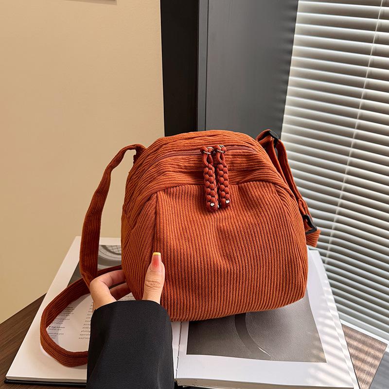 Women's Retro Casual Corduroy Shoulder Bag - Solid Color, Japanese & Korean Style Crossbody Fashion