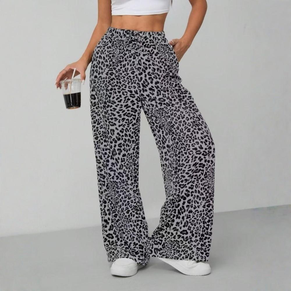 Lace-up Leopard Print Pants Baggy Floor Length Britches Straight Leg Loose Trousers Streetwear