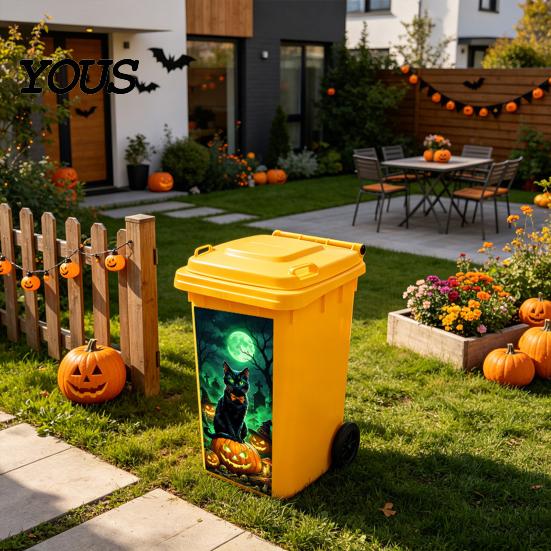 Outdoor Trash Can Decal Halloween Sticker, Spooky Bat Cat Pumpkin Ghost Wheelie Bin Decal, Large Adhesive Vinyl Wall Art Waterproof