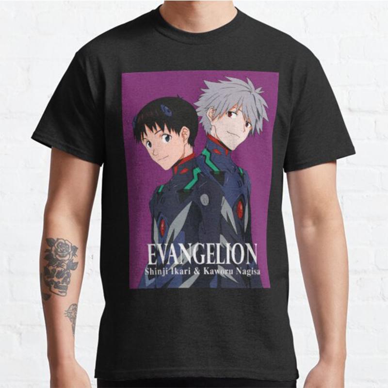 Plus Size Anime Evangelion Printed Unisex T Shirts Round Neck Cotton Tops Summer Casual Black Tees