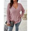 Women's Blouse New Solid Color Large Size V-neck Long-sleeved Pit Strip Brushed T-shirt Loose Casual Pullover Sweater