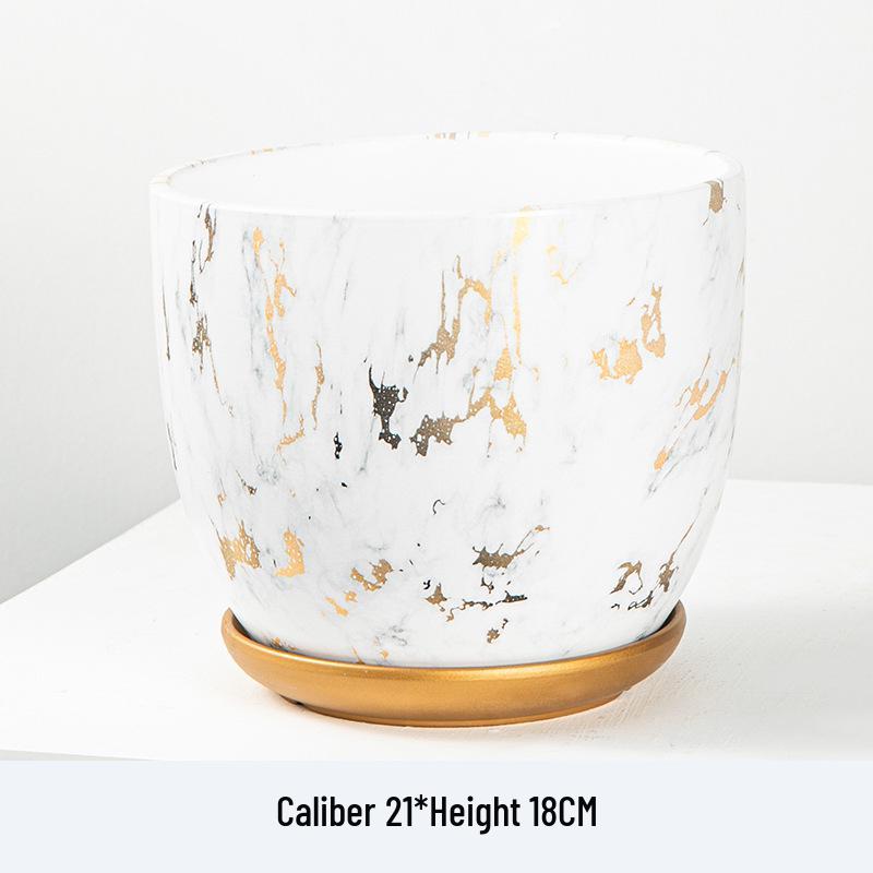 Marble Pattern Ceramic Flower Pot with Gold Tray - Nordic INS Style