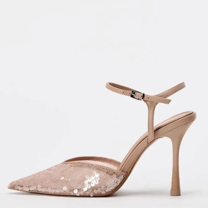 Fashion Luxury Designer Mesh Thin High Heeled Sandals Women Sexy Pointed Toe Bling Pumps Beige Open Heel Ankle Strap Wedding Party Shoes