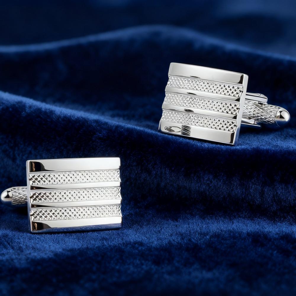 Men's Cufflink Set, Rectangular Silver Embossed Metal Design, Paired with Gift Box.