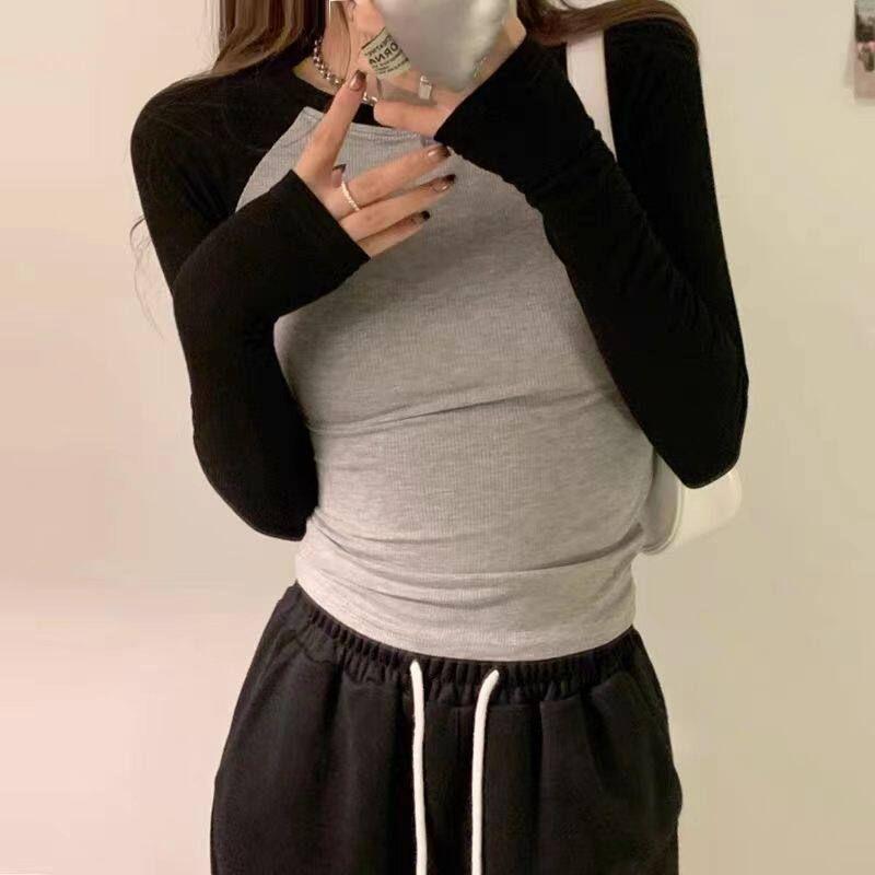 American-Style Spicy Girl Style Raglan Long-Sleeve T-Shirt for Women, Spring and Autumn, Pure Cotton, Slim Fit, High-Waisted, Color-Blocking Inner Top