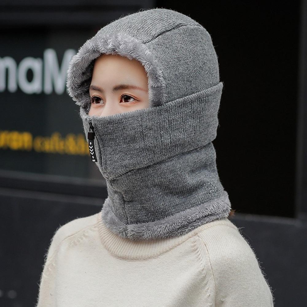 Zipper Hooded Thermal Cap Thickened Knitted Balaclava Cap Simple Knitted Scarf Hat  Outdoor