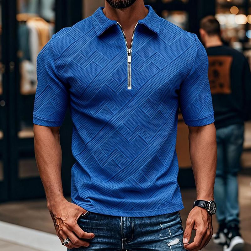 Stilvolle Herren Jacquard Polohemden mit Struktur 2026 Frühling Sommer Lässiges Kurzarm-Polohemd Herren Vintage Reißverschluss Kragen Pullover