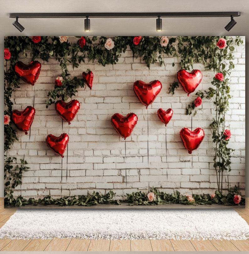 Valentine's Day Photography Background Red Roses Balloons Wood Board Brick Wall Women Birthday Wedding Decoration Photo Backdrop