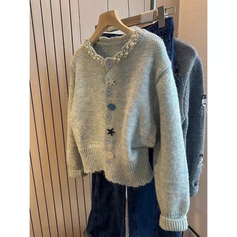 

Свитер-пальто в корейском стиле с серыми стразами - Женский осенний вязаный кардиган с бисером S for 85-100 lbs серый