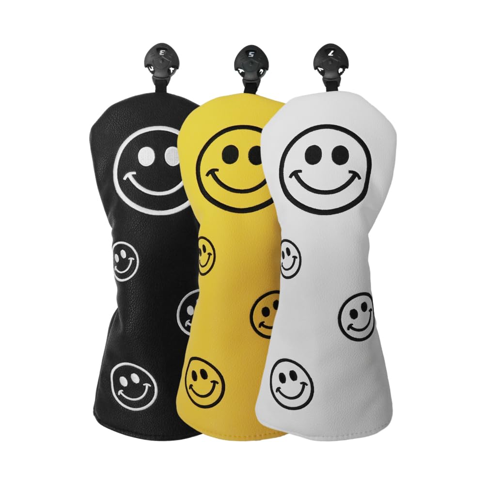 

Golf Headcovers for Drivers and UTs and Yellow Available in Single or Sets of 3 or 4 for (440cc, 460cc), Woods, Utilities, (Smile) - Black, White, -