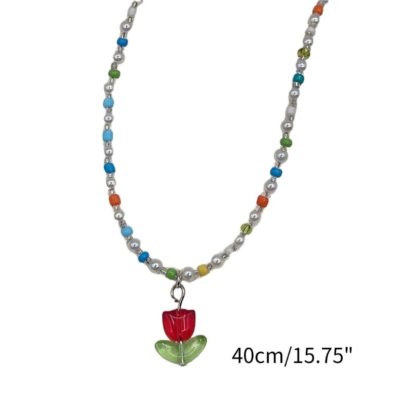 Sweet Bohemia Short Choker Chain Colorful Beaded Necklace for Women Tulip Pendant Necklace Beaded Choker Necklace Gift