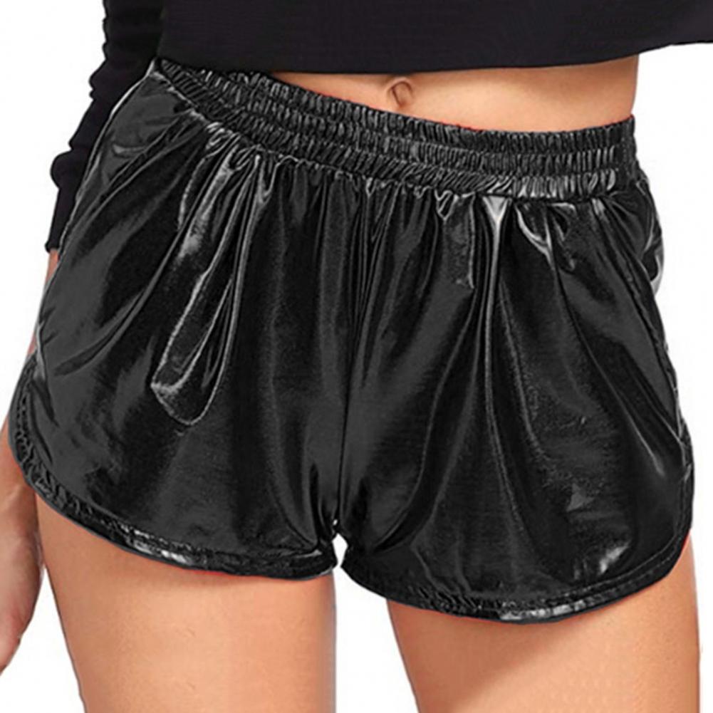 

Женские повседневные шорты с эластичной высокой талией и глянцевой поверхностью, однотонные шорты из искусственной кожи с карманами, уличная одежда M чёрный
