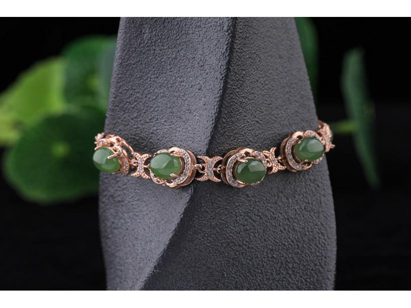Bridal 4-Piece Set: Rose Gold Plated 925 Silver Earrings, Ring, Necklace with Jasper and Hetian Jade