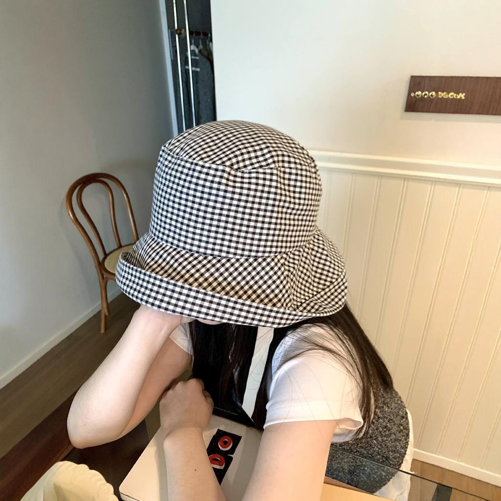 Small Fresh Plaid Bucket Hat Women's Spring and Summer Sunshade Sunscreen Big Eaves Lace Bow Streamer Literary Hat