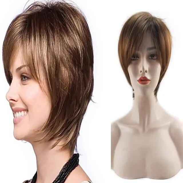 Women Straight Bangs Style Pixie Cut Synthetic Hair Wig Brown Mixed Short Wigs Machine Made