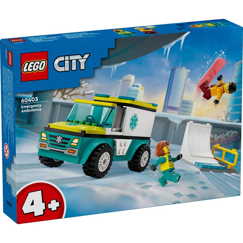 LEGO City Ambulance and Snowboarder Toy, Gift, Building Blocks, for Boys and Girls Ages 4, 5, and 6, Pretend Play with Ambulance and Skateboard, 60403