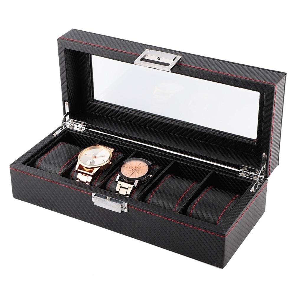 5-Slot Watch Box Carbon Fiber Display Case Durable Watch Case Storage