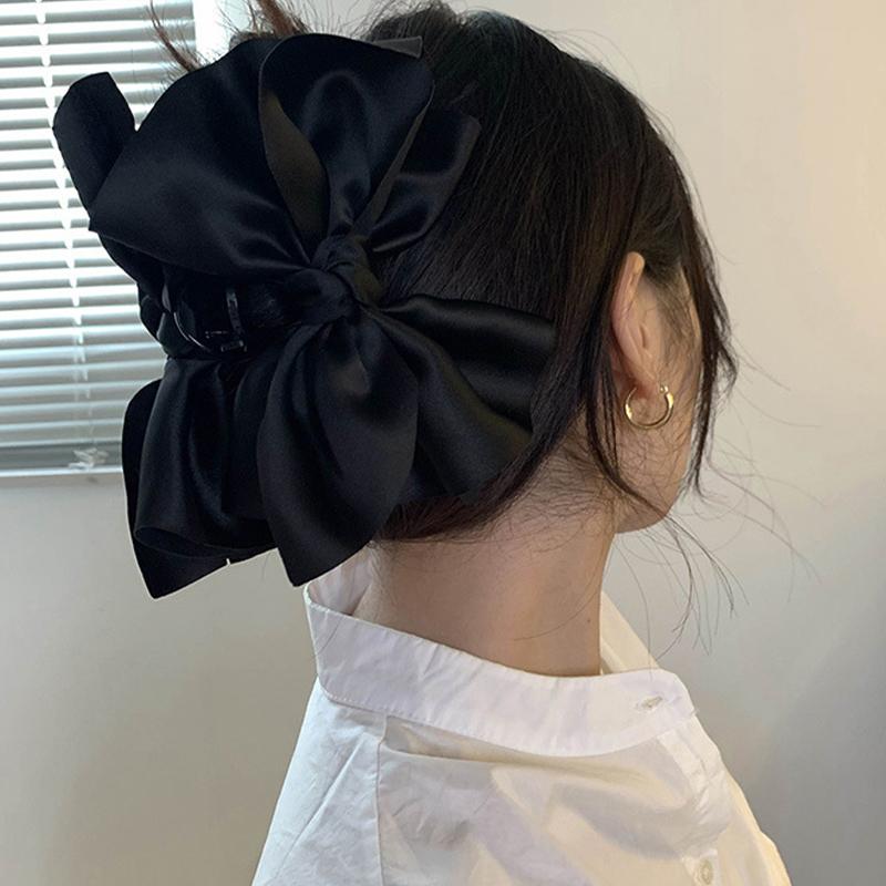 Oversized Black Satin Bow Clip High-End Hair Clip For Women'S Back Of The Head Shark Clip