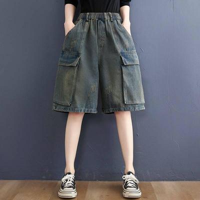 Plus-Size Women's High-Waist Retro Denim Shorts - Distressed, Washed, Wide-Leg, Five-Point, Versatile Summer Wear