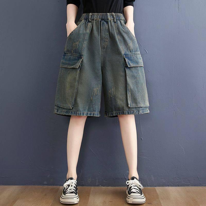 Plus-Size Women's High-Waist Retro Denim Shorts - Distressed, Washed, Wide-Leg, Five-Point, Versatile Summer Wear