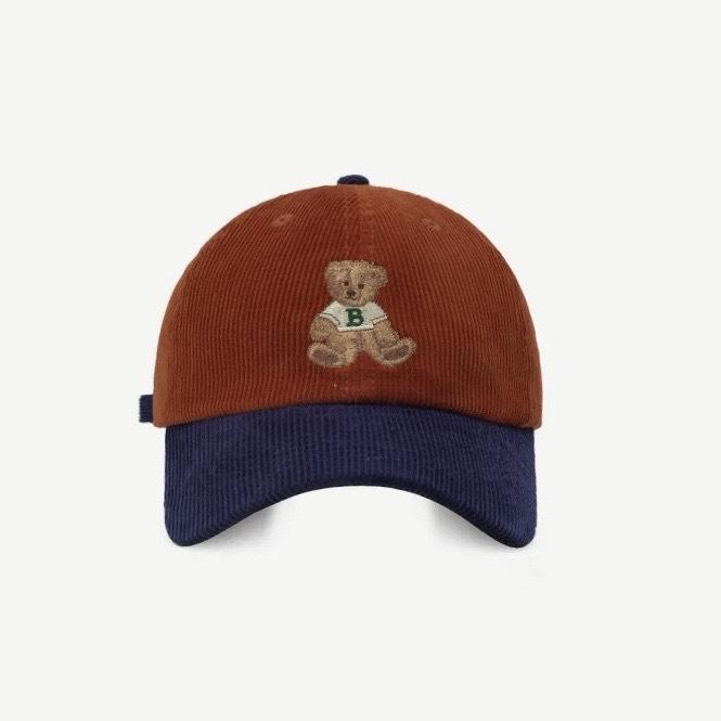 Cute Autumn and Winter Corduroy Bear Embroidered Baseball Cap for Women  Color Blocked Retro Baseball Cap for Men  Big Head Circumference for Slimming