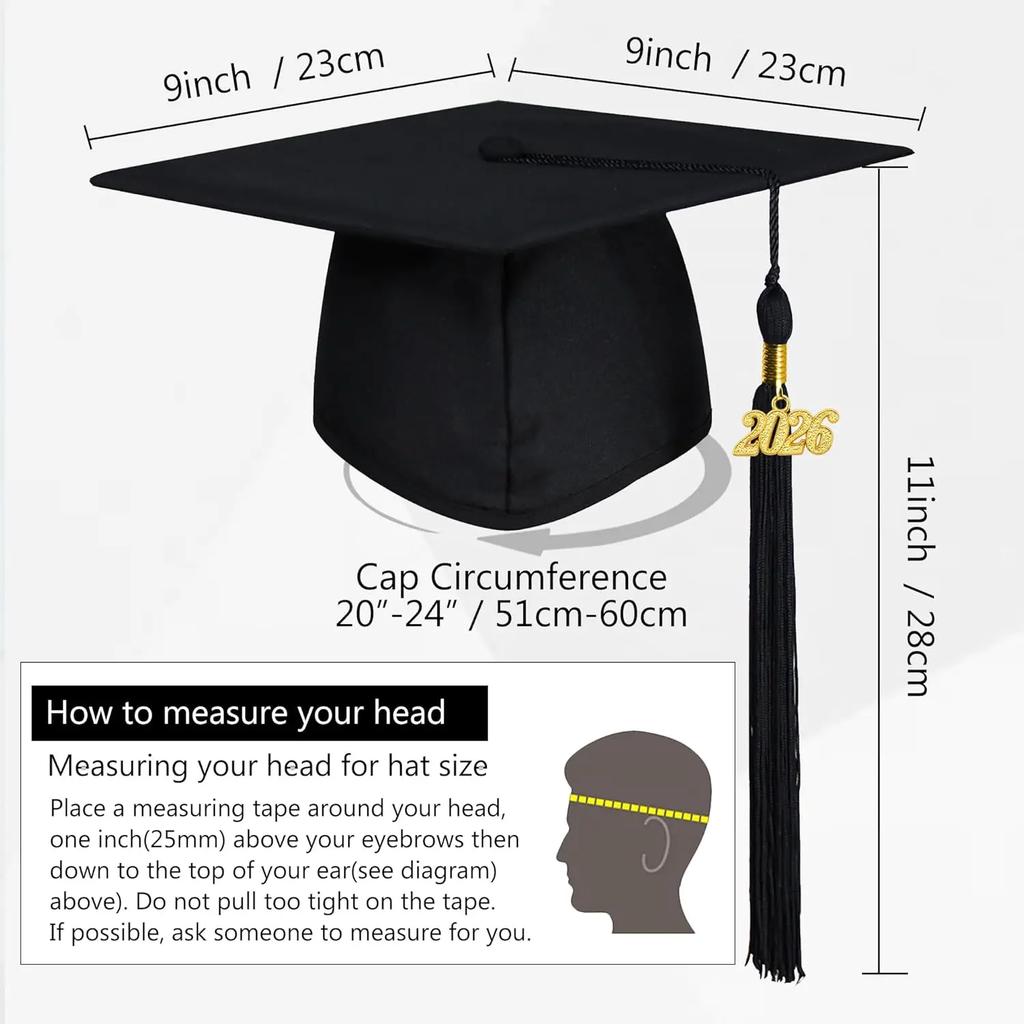 Matte Graduation Cap with 2026 Tassel for High School & BachelorWM