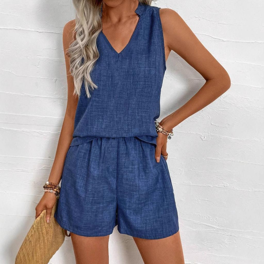 Women's Fashion 2 Piece Set 2025 Summer Short Sleeve V-Neck Loose T-shirt Top Wide Leg Shorts Suit Two Piece Solid Color Outfits