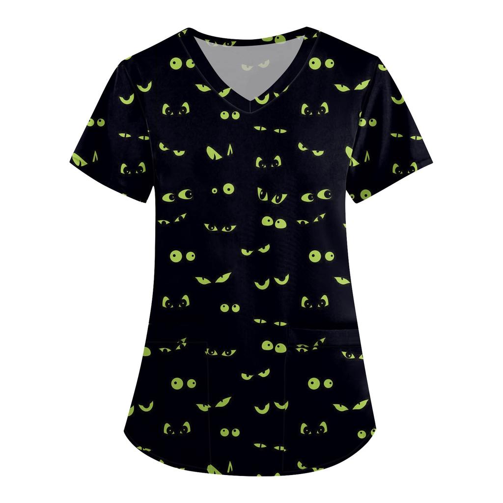 Women's Cute Printed Work Clothes V-neck Double Layer Pockets Basic Short Sleeve Top Pullover Valentines