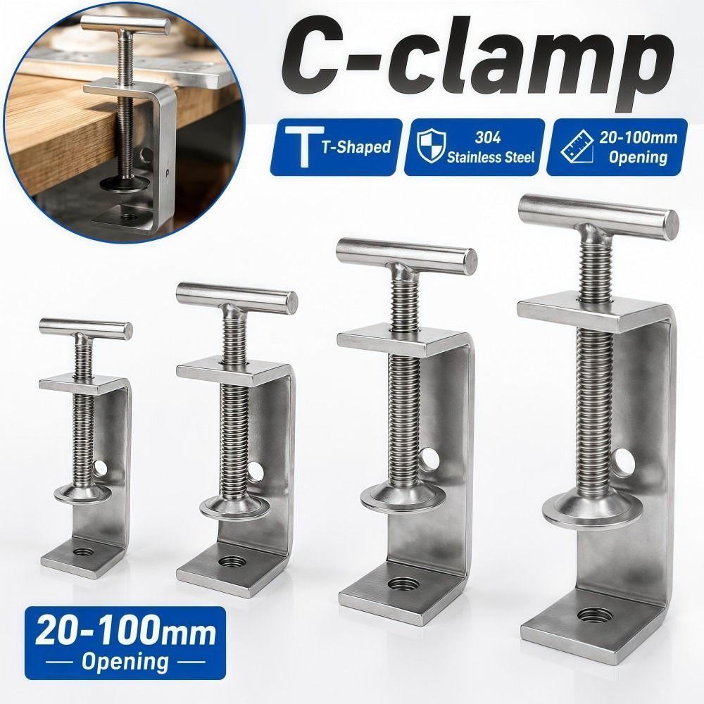 1pc 304 Stainless Steel C-clamp Adjustable T-Shaped Square Clamp Sturdy 20-100mm Opening Fixed Holder Clip Hardware Fasteners