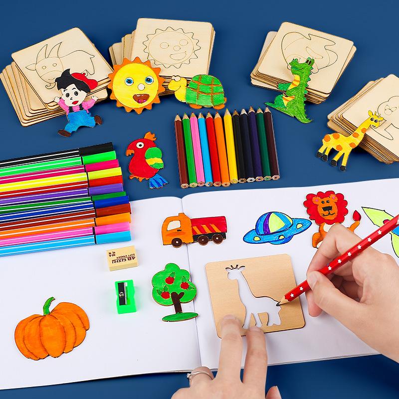 Non-Toxic 20Pcs Montessori Kids Drawing Toys Wooden Diy Painting Stencils Set Craft Toy Coloring Puzzle Educational Toys For Children Gift