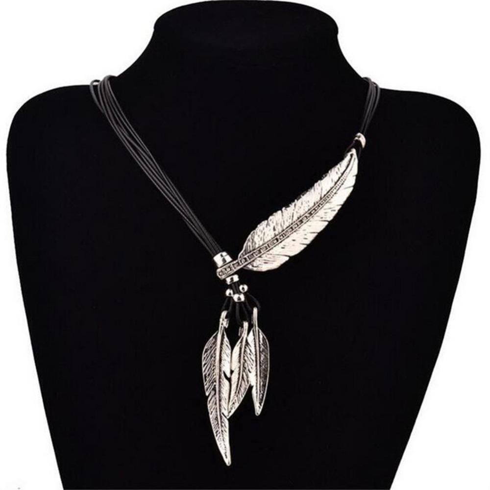 Rhinestone Golden Feather Necklace Zinc Zinc Alloy Leaves Neck Pendant Leather Rope Tassel Necklace  Gift