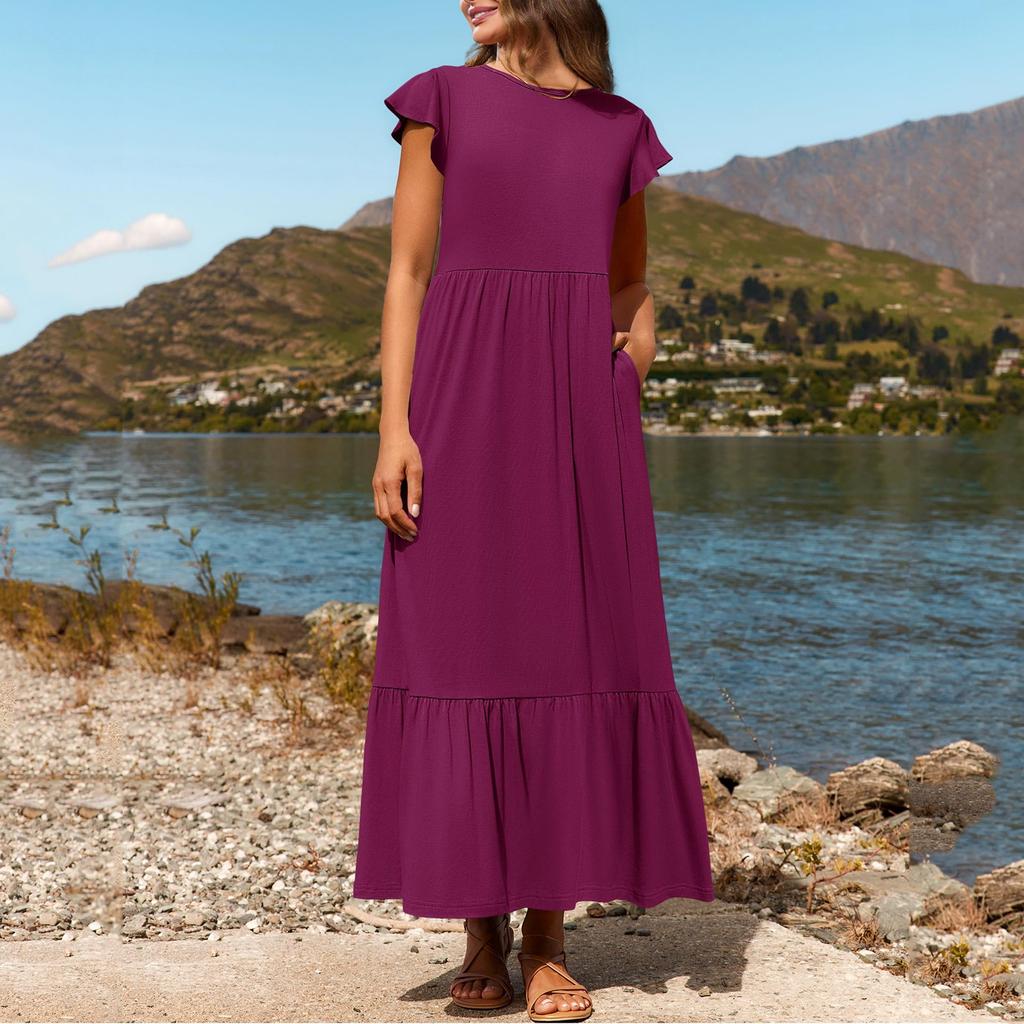 Damen Sommer Freizeitkleider Kurzarm Rundhalsausschnitt Locker Fließendes Strandkleid Mit Taschen