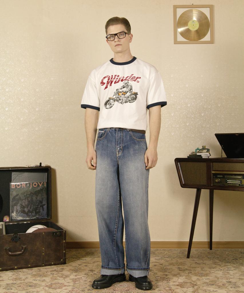 VINWUED Winder Motor Club Ivory/Navy Semi-Overfit Ringer T-Shirt