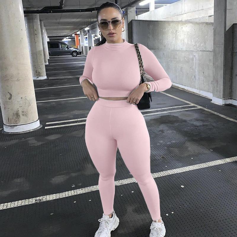 VEZFAA Women's Fashion Casual Spring Autumn Solid Color Print Long Sleeve O-Neck Trousers Pants Suits