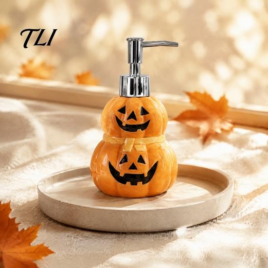 Ceramic Liquid Soap Container Halloween Ghost Dispenser, with Stainless Steel Pump, Pumpkin Refillable Countertop Dispenser Hand Container,