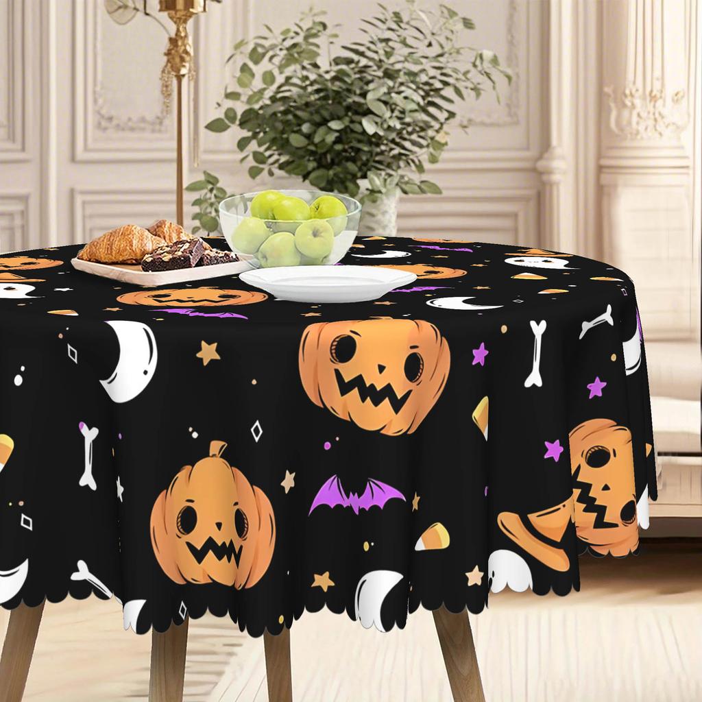1 Piece Halloween Tablecloth, Grimace Pumpkin, Witch Hat, Moon And Ghost Design, Polyester Fabric