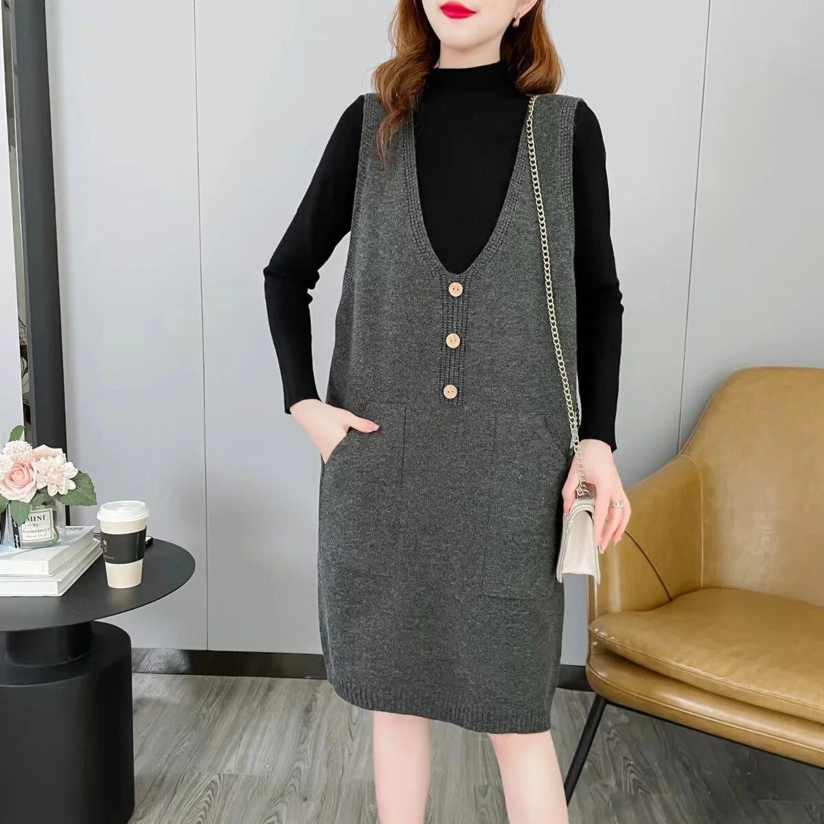 

Свитер-жилет женский осенне-зимний новый трикотажное платье женский корейский повседневный свободный жилет средней длины женские топы One Size темно-серого