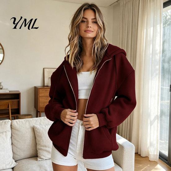 Fall Winter Hoodie Zip-Up Hoodies for Women, Loose Fit Drawstring Hooded Jacket with Women Sweatshirt Pocket, Long Sleeve Casual Coat Soft Tops