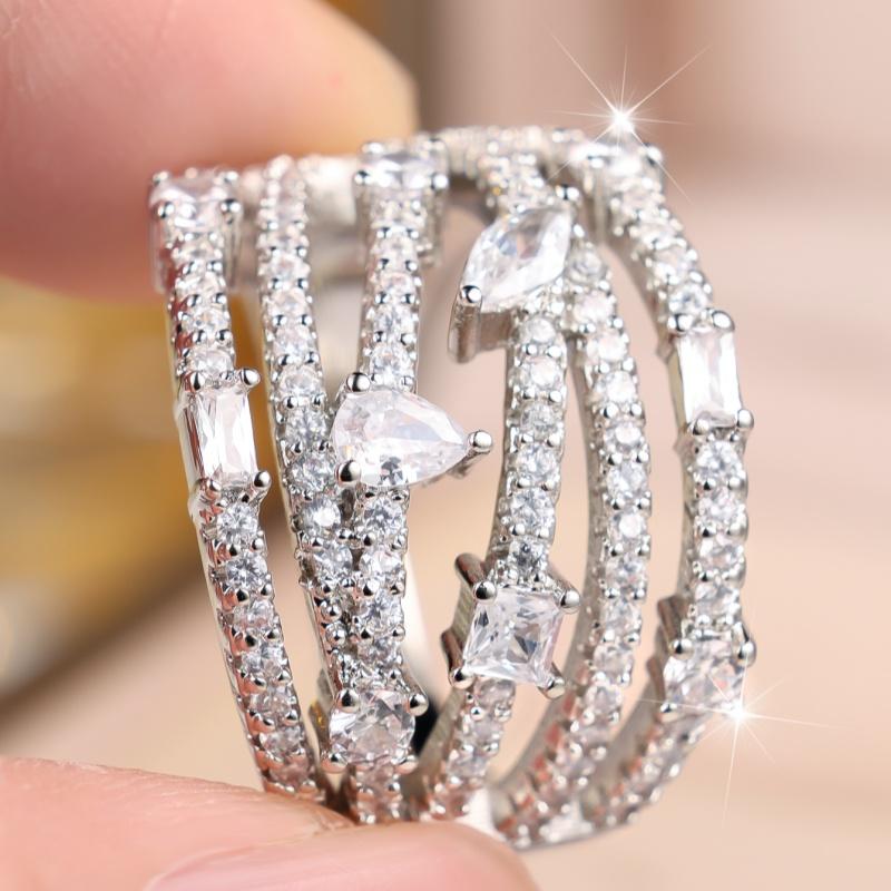Glamorous Silver Color Multi Layer Zircon Band Ring for Women Wedding Banquet Daily and Party