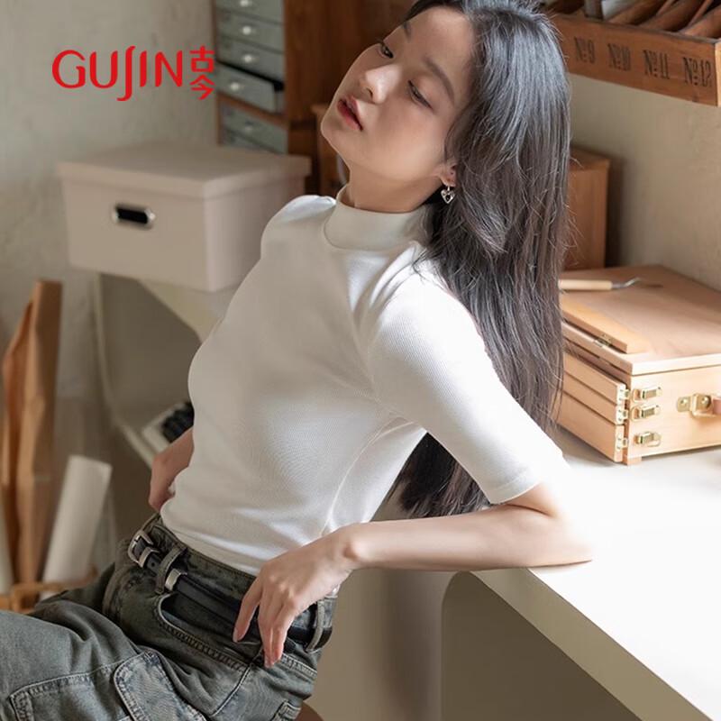 GUJIN Women's Stand-Up Collar Slim Fit Half Sleeve T-Shirt