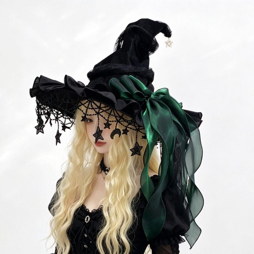 Lace Lolita Witch Hat Bow Ribbon Wizard Cap Cosplay Accessories Pointed Mage Hat Role Play