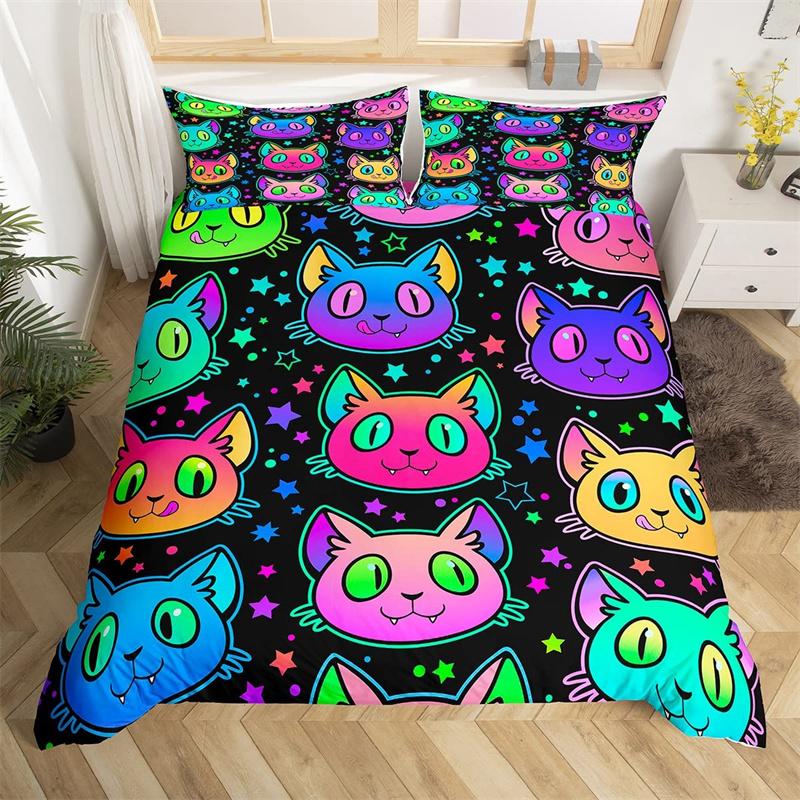 Boho Colorful Cat Duvet Cover Set Cats Star Mushroom Bedding Set Microfiber 3D Kawaii Animals Comforter Cover Twin For Kids Boys