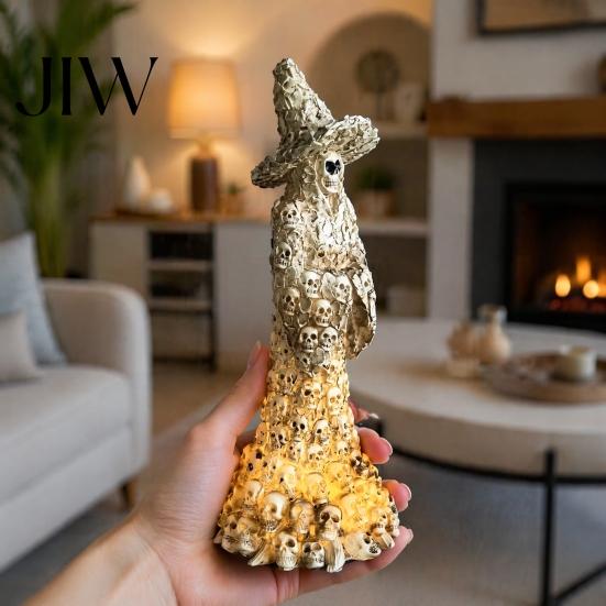 Decorative Witch Hat Skull Skeleton Resin Figurine, Halloween Gothic Statue, Spooky Realistic Bone Texture Sculpture Fantasy Ornament for Desk,