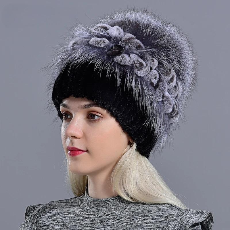 Women's Natural Mink Fur Hat Fox Pompom Rabbit Flowers Stylish Warm Fashion Girls Real Fur  Winter Hat Knitted
