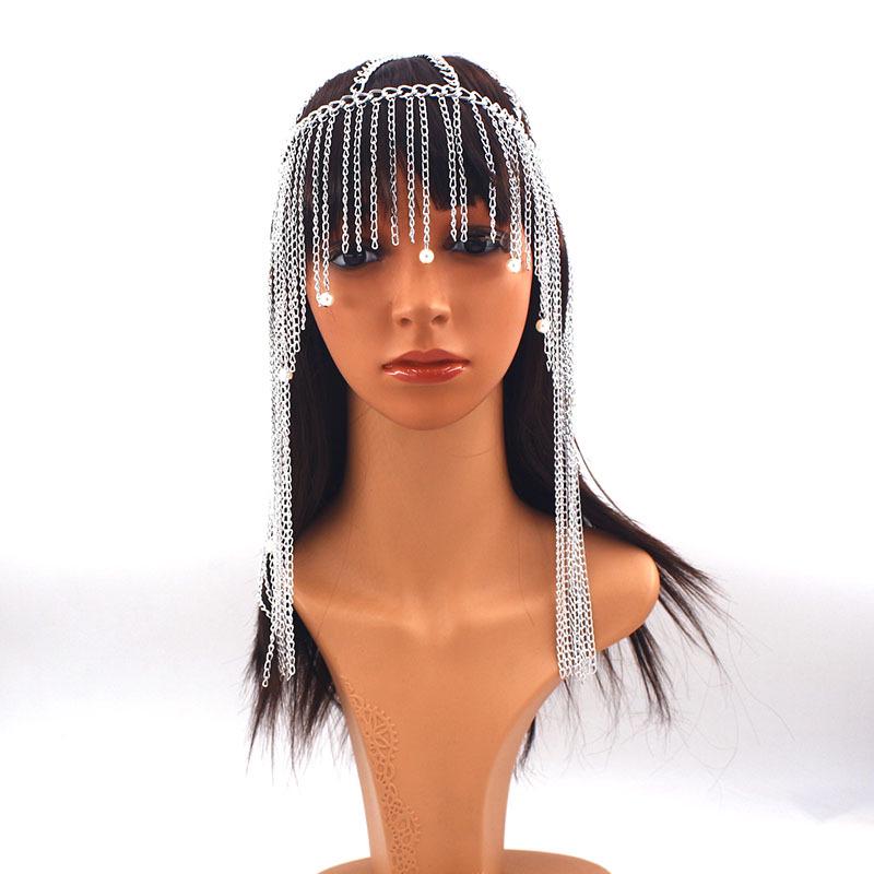 Exaggerated Long Tassel Aluminum Chain Headpiece with Pearl Pendant for Women