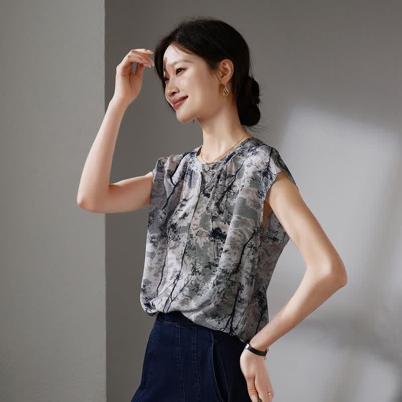 SOFSIL 2026 Summer Elegant Floral Print Mulberry Silk Blouse L
