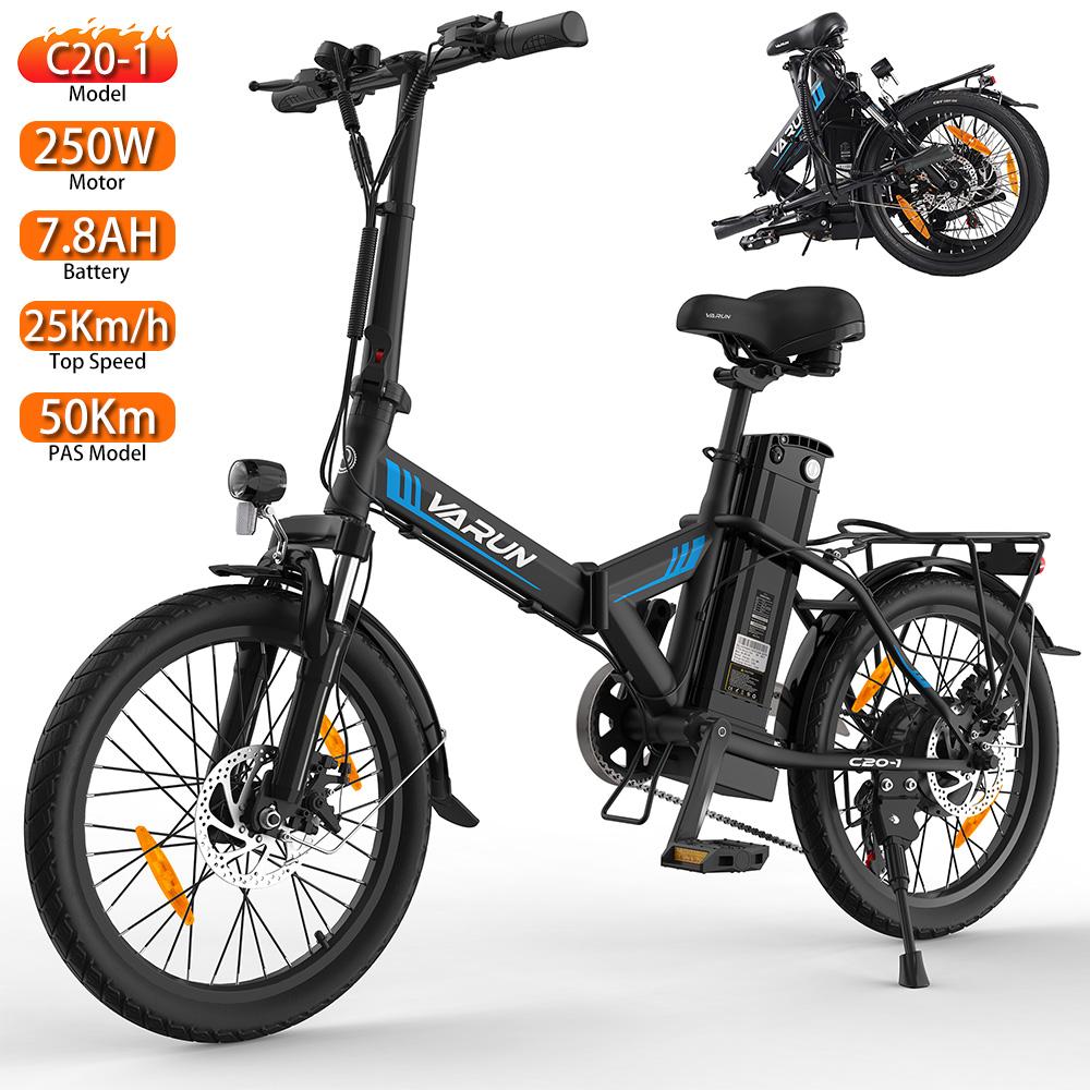 Elektrofahrrad VARUN 20" 250W Motor Faltbares E-Bike 48V 7.8AH 7 Gänge Höchstgeschwindigkeit 25Km/h E-Bike für Erwachsene Maximale Reichweite 50Km Schwarz C20