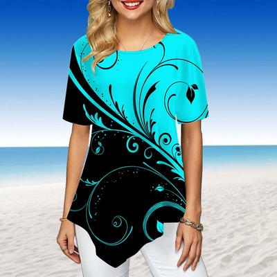 Mulheres plus size senhoras camisetas coloridas ramos imprimir solto casual topos feminino irregular roupas de verão